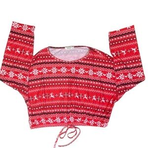 Christmas Crop Top Holiday Tee Blouse Shirt Long Sleeve Stretchy Red White 1XL